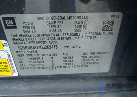 2013 Chevrolet Traverse 1Lt z USA, uszkodzony, nr VIN 1GNKVGKD7DJ262415